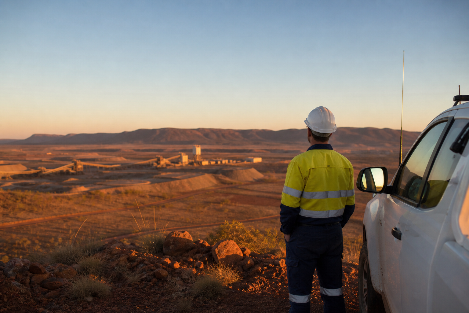 FIFO worker overlooking a Western Australian mine site at sunset